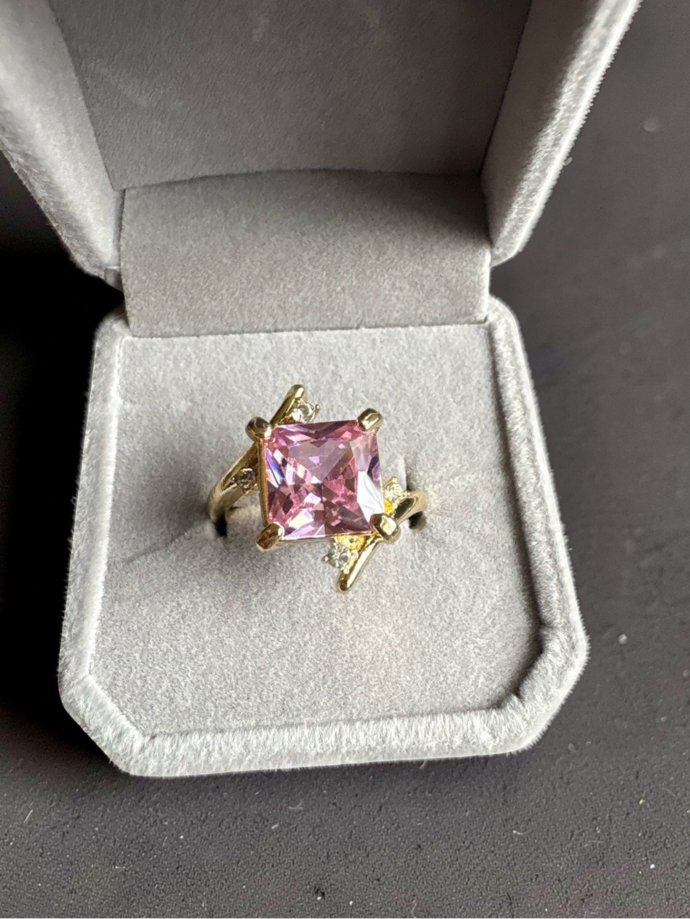 Gold Ring with Square Pink Crystal - Elegant - Picture 1 of 5